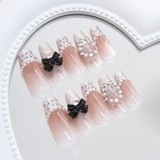 Elegant Fairy Tale Inspired Long Coffin Pink with Chic Bows and Glamorous Pearl Accents Press-On Nail Set