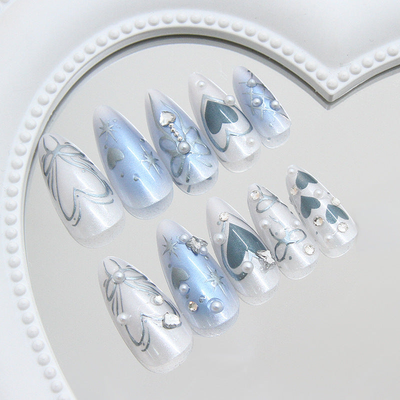 Enchanting Ocean Dream Long Almond Blue and White Press On Nail Set with Elegant Heart and Floral Designs