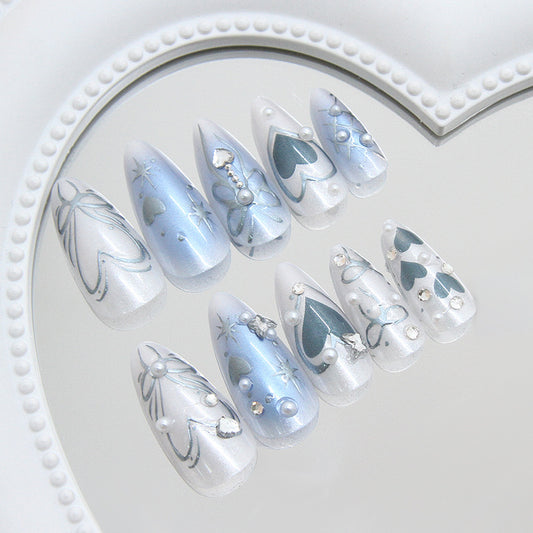 Enchanting Ocean Dream Long Almond Blue and White Press On Nail Set with Elegant Heart and Floral Designs