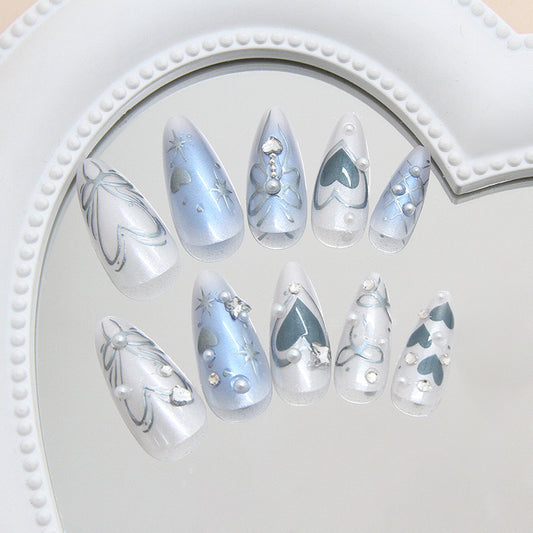 Celestial Dream Press On Nail Set Medium Almond Gradient Blue and White with Sparkling Gem Accents