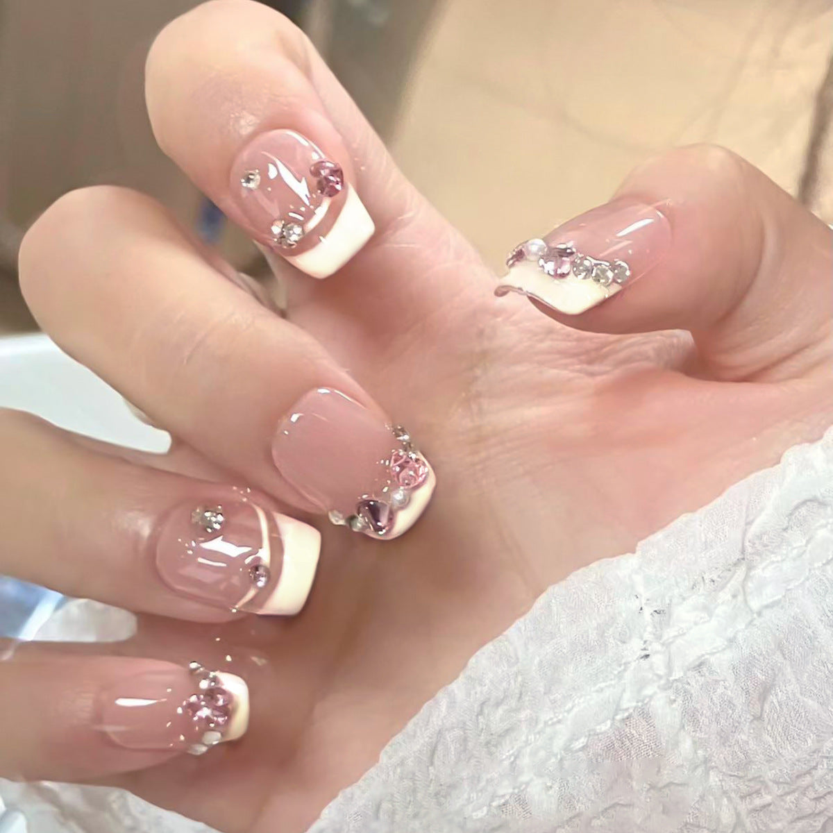 Elegant Rose Garden Press On Nail Set Medium Square Shape Soft Pink with Sparkling Gems