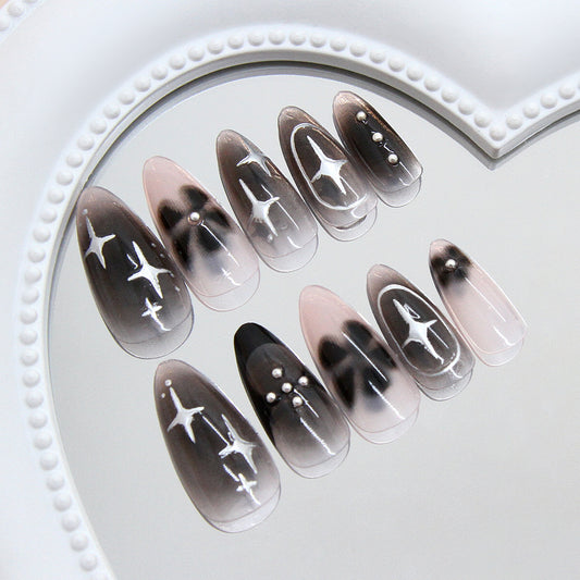 Celestial Dream Press On Nail Set Medium Almond Gradient Pink and Black with Starry Accents
