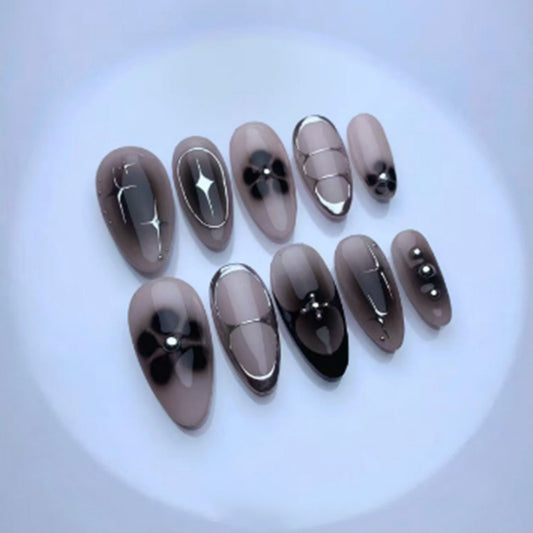 Gothic Elegance Medium Almond Smoky Brown with Dazzling Chrome Accents Press On Nail Set