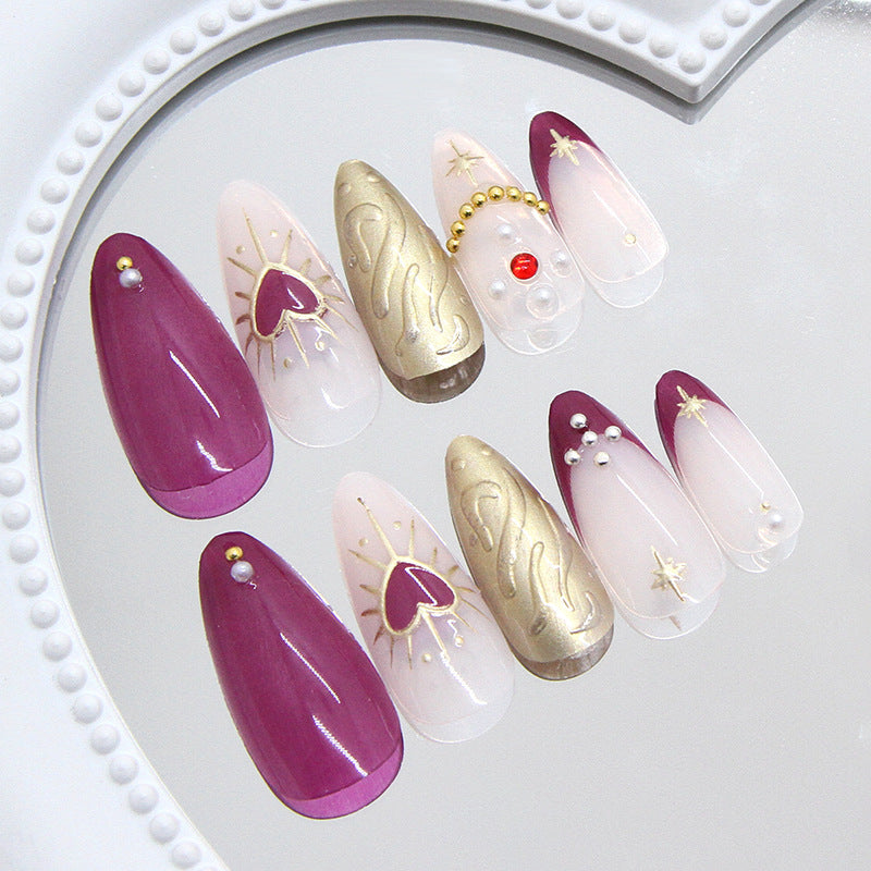 Royal Elegance Medium Almond Purple and Gold Press On Nail Set with Heart and Star Accents