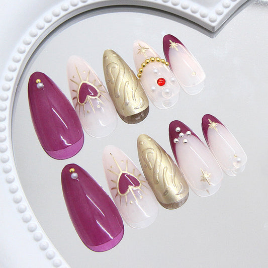 Royal Elegance Medium Almond Purple and Gold Press On Nail Set with Heart and Star Accents