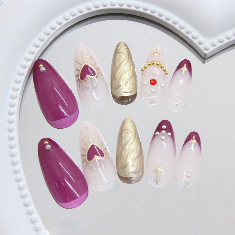 Elegant Romance Medium Almond Burgundy and Gold Embellished Press On Nail Set
