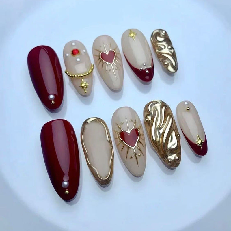 Chic Romance Medium Almond Red and Neutral Press On Nail Set with Gold Accents and Heart Details