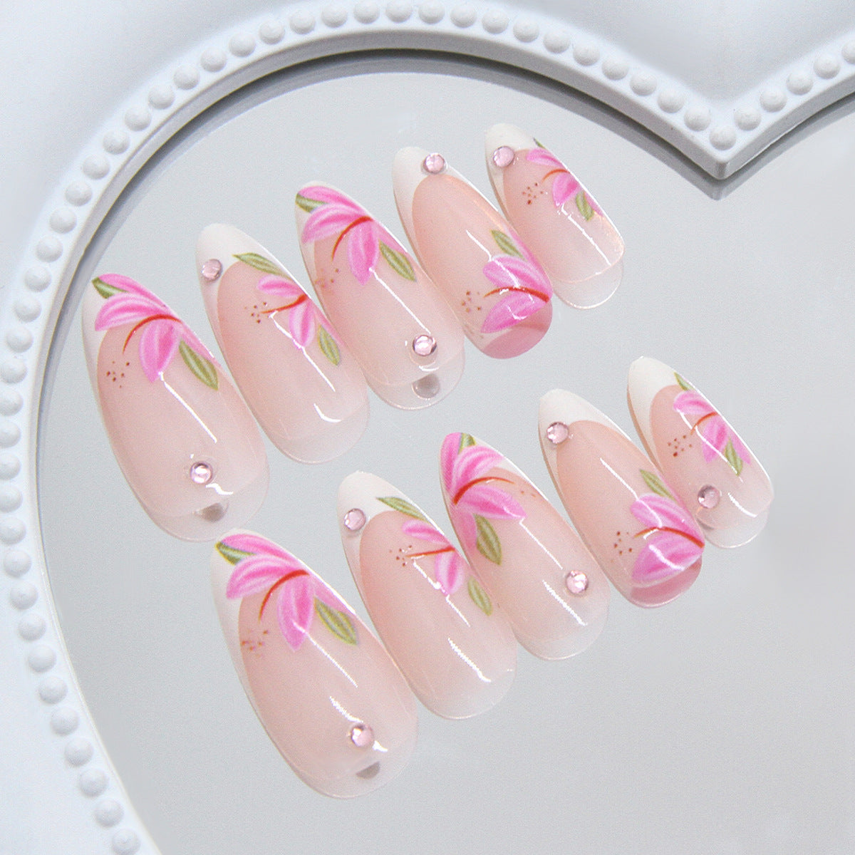 Blooming Elegance Medium Almond Pink Floral Press-On Nail Set with Sparkling Accents