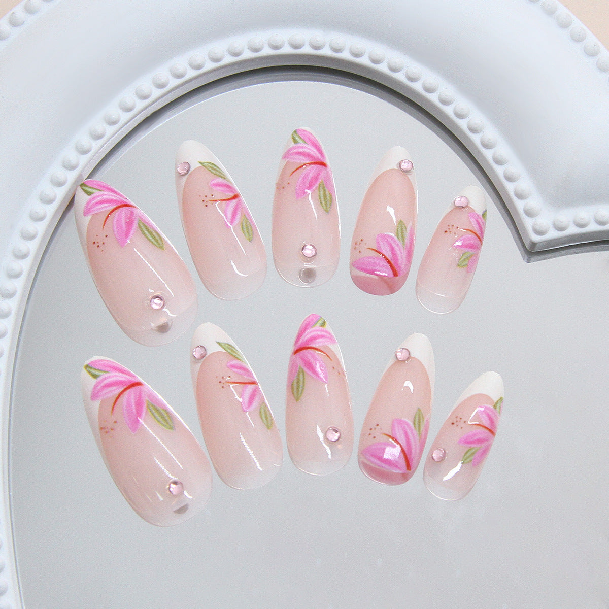 Enchanted Floral Elegance Medium Almond Pink with Floral Design and Sparkling Accents Press-On Nail Set