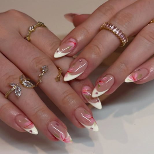 Floral Fantasy Medium Almond Press On Nail Set in Glossy Beige with Elegant Floral Accents and Gemstone Embellishments