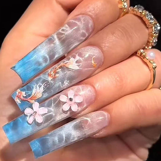 Ocean Breeze Long Square Translucent Light Blue with Floral Accents Press-On Nail Set