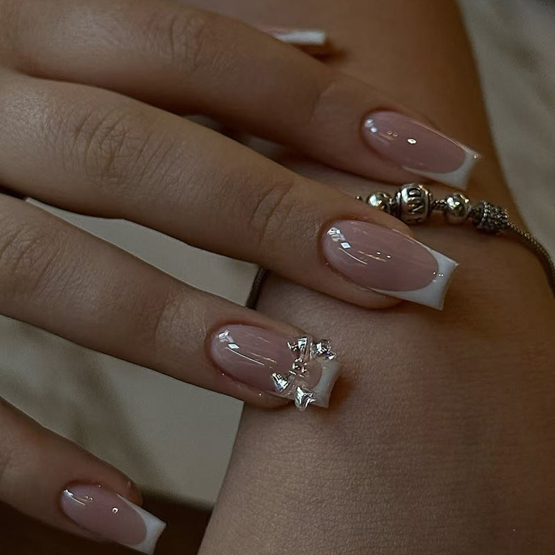 Elegant Serenity Long Square Blush Pink Nails with Dazzling Gem Accent