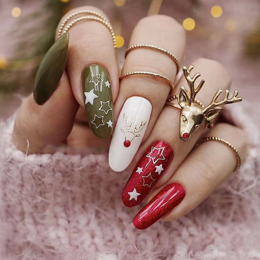 Festive Fawn Long Oval Green White Red Press On Nail Set with Glitter and Christmas Reindeer Accents