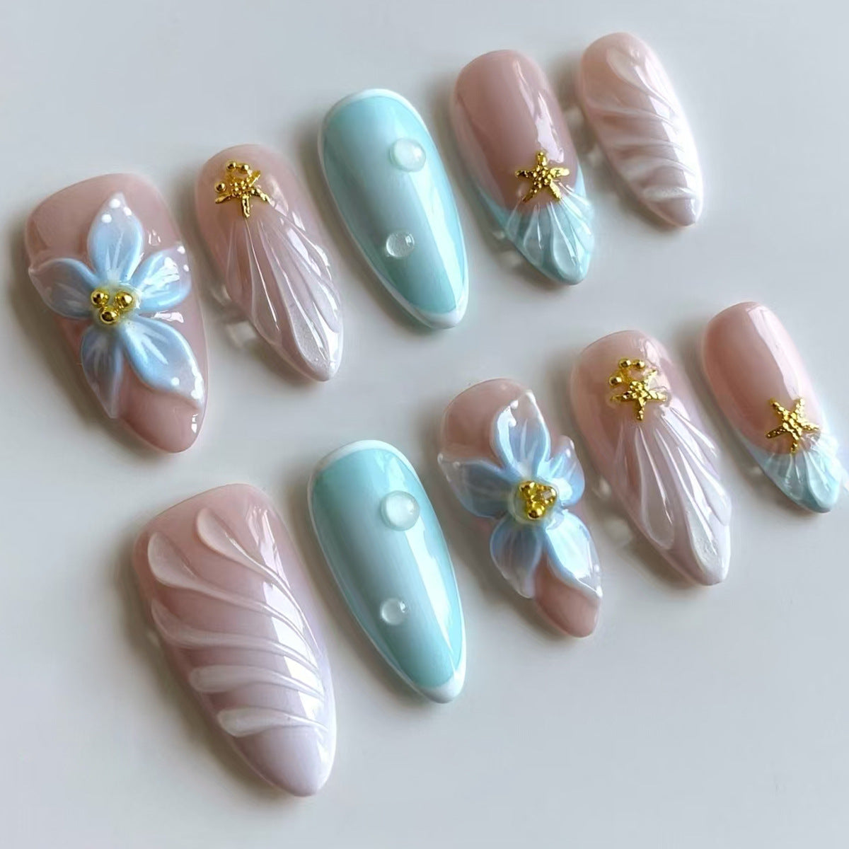Whimsical Floral Elegance Long Almond Pastel Pink and Blue with Gold Accent Details Press On Nail Set