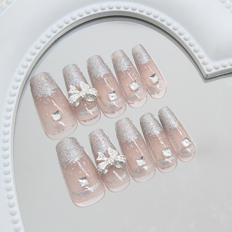 Whimsical Dreamy Long Coffin Glittery Pink Press On Nail Set with Charming Bow Accents