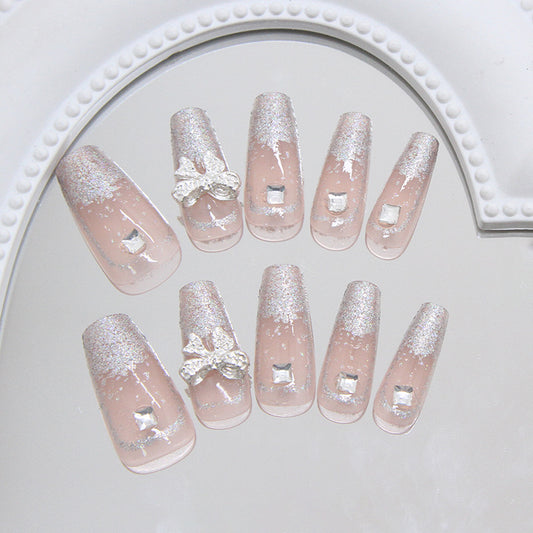 Chic Elegance Long Coffin Blush Pink Glitter Press On Nails with Bow and Gemstone Accents
