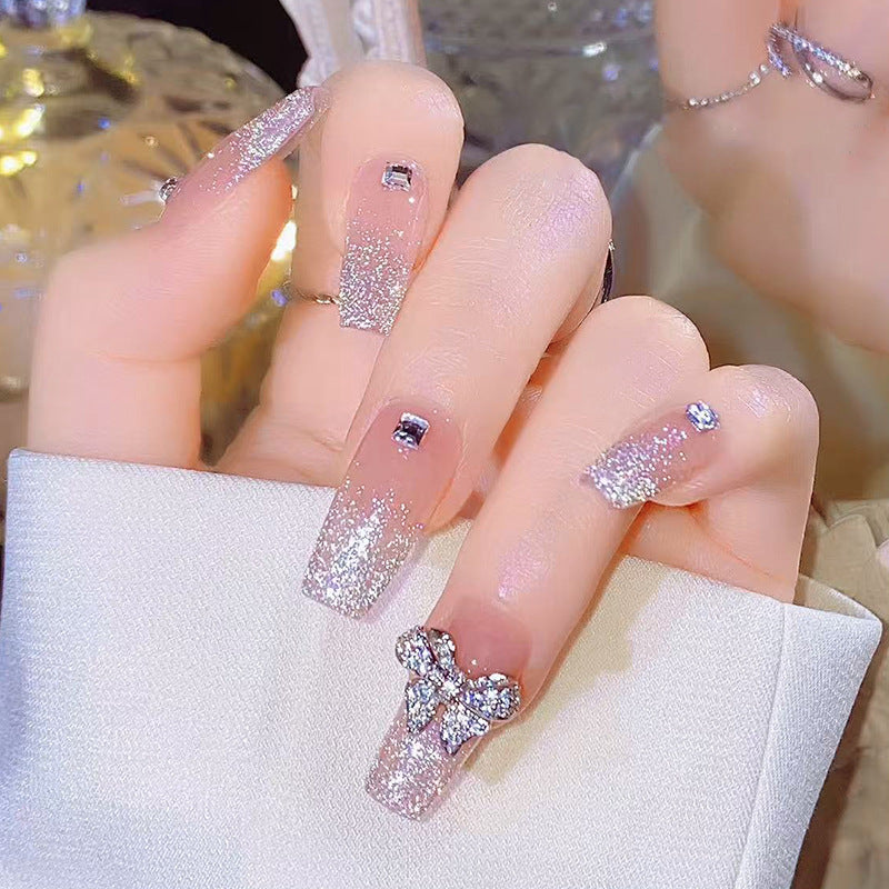 Sparkling Elegance Long Coffin Glittery Pink Press-On Nail Set with Stunning Gemstones