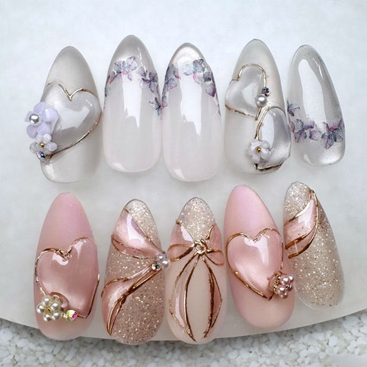 Charming Romance Press On Nail Set Long Almond Shape Elegant White and Pink with Heart and Floral Embellishments