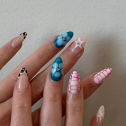 Oceanic Dream Extra Long Almond Shaped Blue White Pink with Shimmering Star Accents Press on Nail Set