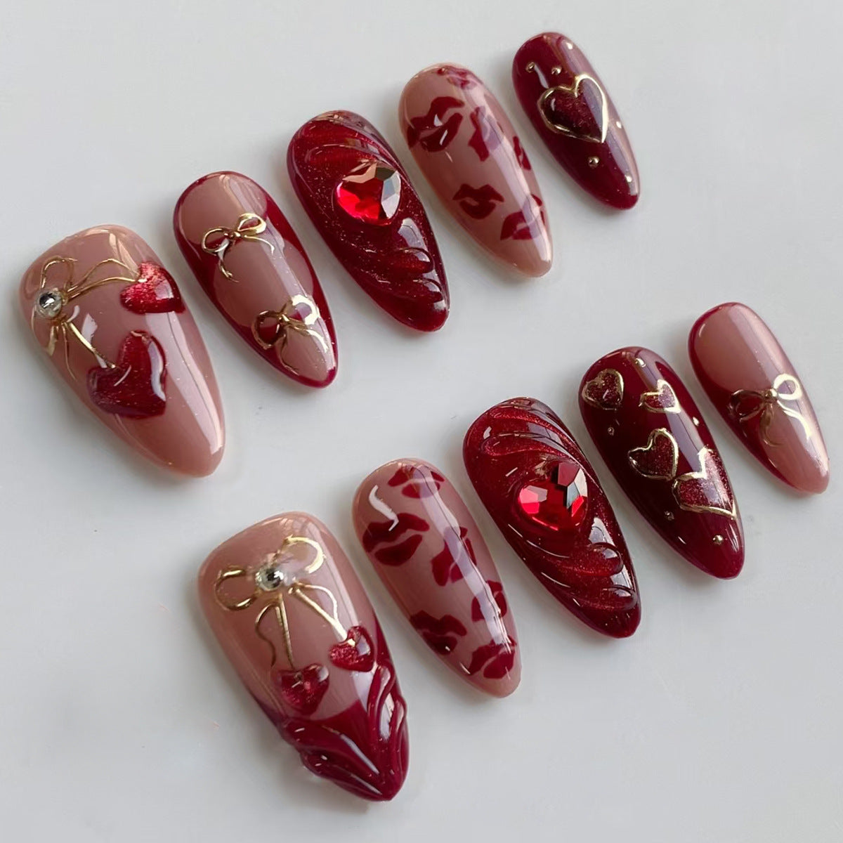 Romantic Elegance Long Almond Red and Beige Press-On Nail Set with Heart Embellishments