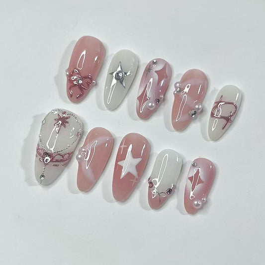 Whimsical Romance Long Almond Pink and White Press-On Nail Set with Star and Pearl Accents