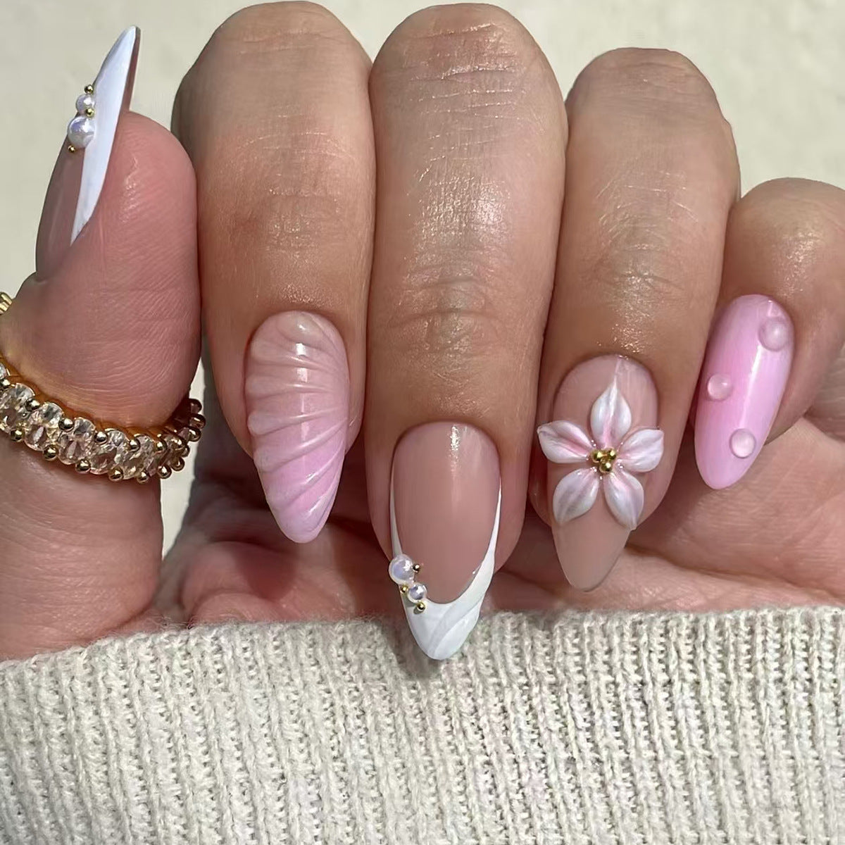 Chic Blossom Collection Medium Almond Pink and White Press-On Nail Set with Elegant Floral Accents