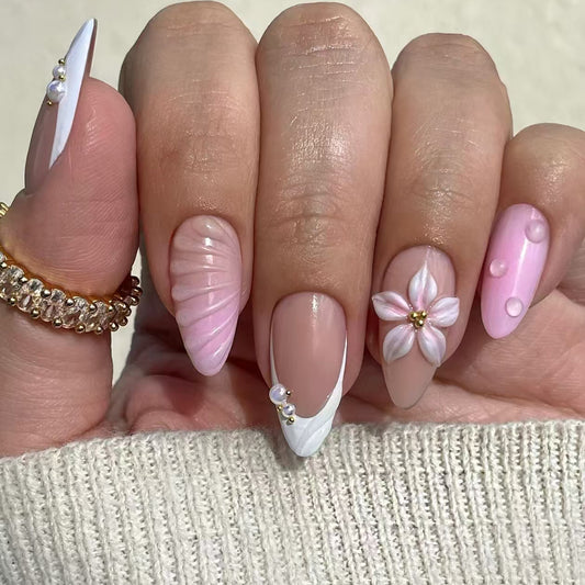 Chic Blossom Collection Medium Almond Pink and White Press-On Nail Set with Elegant Floral Accents