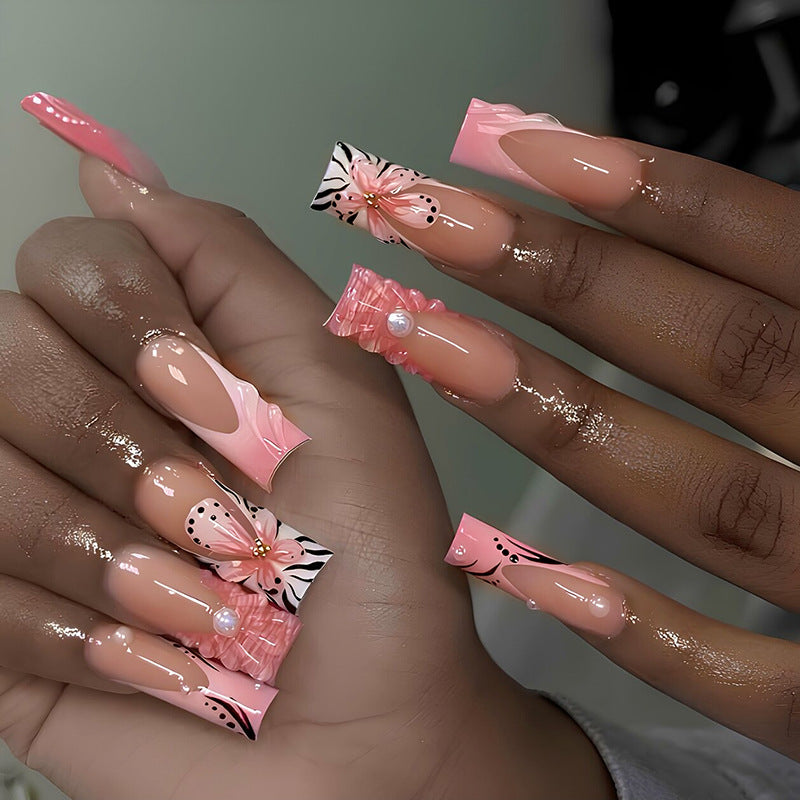Charming Floral Elegance Pink Long Square Shaped Press On Nail Set with Unique Pearl and Pattern Accents