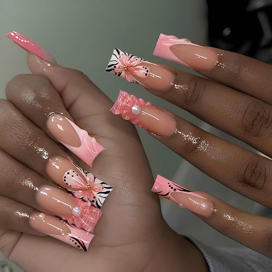 Charming Floral Elegance Pink Long Square Shaped Press On Nail Set with Unique Pearl and Pattern Accents
