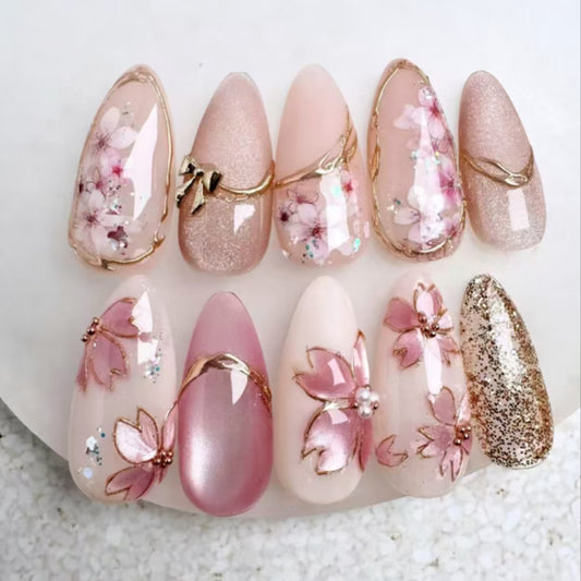 Blossom Elegance Medium Almond Pink Floral Press On Nail Set with Stunning Gold Accents