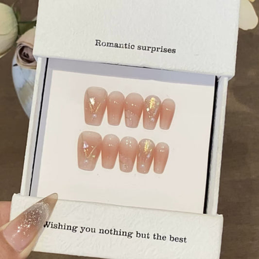Romantic Elegance Medium Length Coffin Shape Soft Pink Color Iridescent Glitter Finish Press On Nail Set