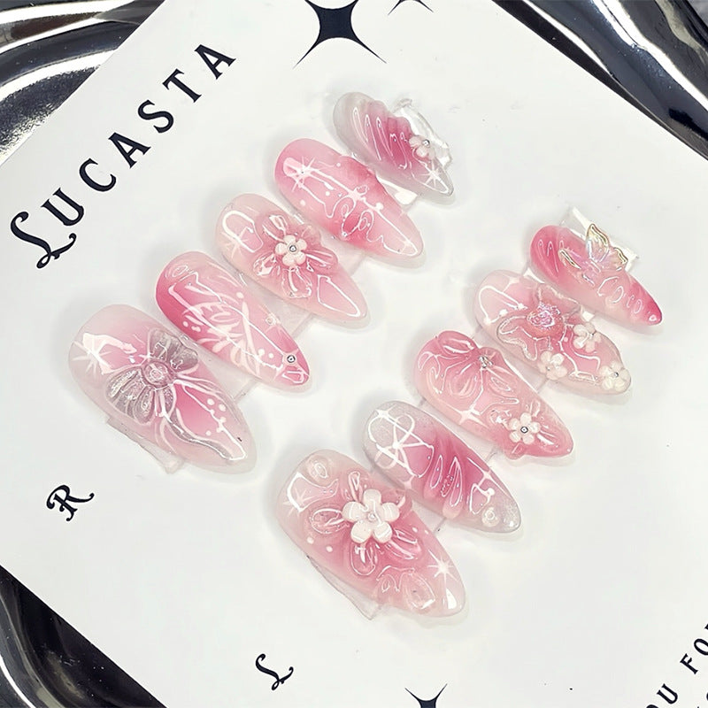 Enchanting Blossom Dreamy Long Almond Pink Floral Press On Nail Set with Iridescent Accents