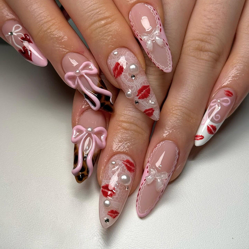 Romantic Kiss Inspired Long Stiletto Pink Press On Nail Set with Charming Bow and Lip Print Accents