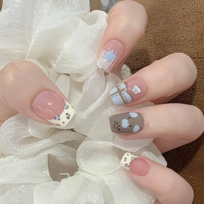 Whimsical Bear Inspired Medium Square Pink and Brown Nail Set with Adorable Character Designs
