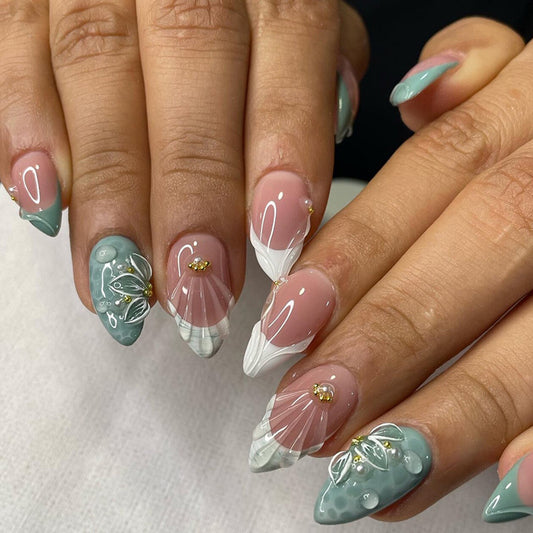 Whimsical Blossom Short Almond Minty Green Blush Pink with Floral Accents Press On Nail Set