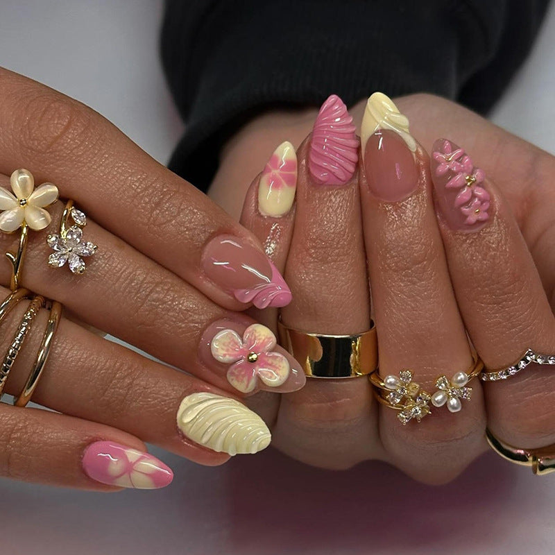 Flower Garden Delight Elegant Short Almond and Coffin Pink and Cream Press-On Nail Set with Charming Floral Accents