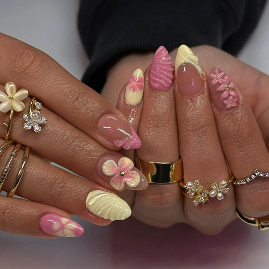 Flower Garden Delight Elegant Short Almond and Coffin Pink and Cream Press-On Nail Set with Charming Floral Accents