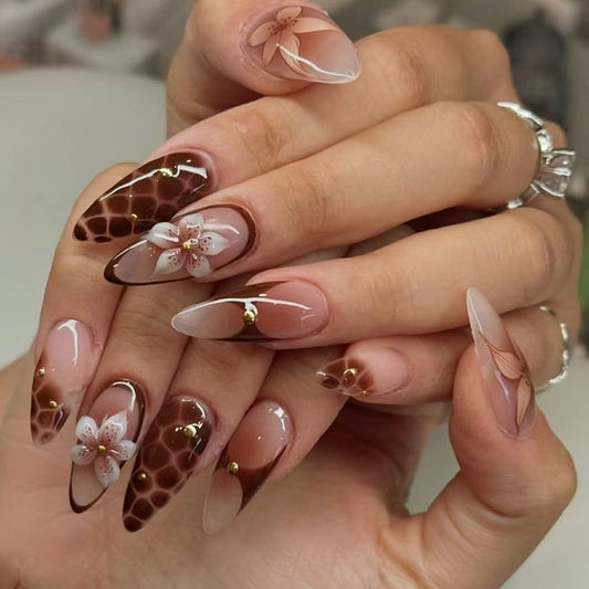 Elegant Dreams Long Almond Shaped Brown and Beige Gradient Press On Nail Set with Floral Accents