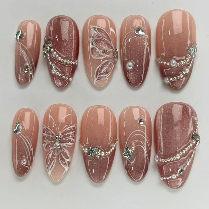 Whimsical Elegance Short Almond Blush Pink with Delicate Pearl Accents Press-On Nail Set