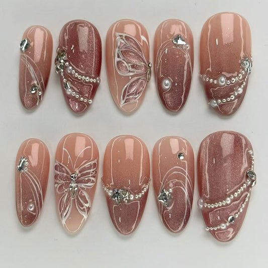 Whimsical Elegance Short Almond Blush Pink with Delicate Pearl Accents Press-On Nail Set