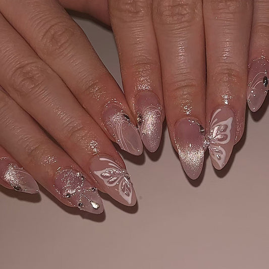 Whimsical Elegance Long Stiletto Pink Press On Nail Set with Delicate Butterfly Art and Glimmering Gems
