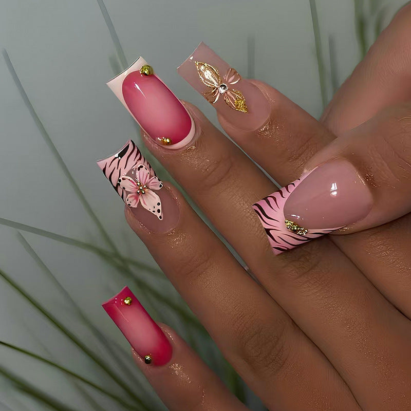 Tropical Paradise Long Square Pink Press-On Nail Set with Floral and Metallic Accents