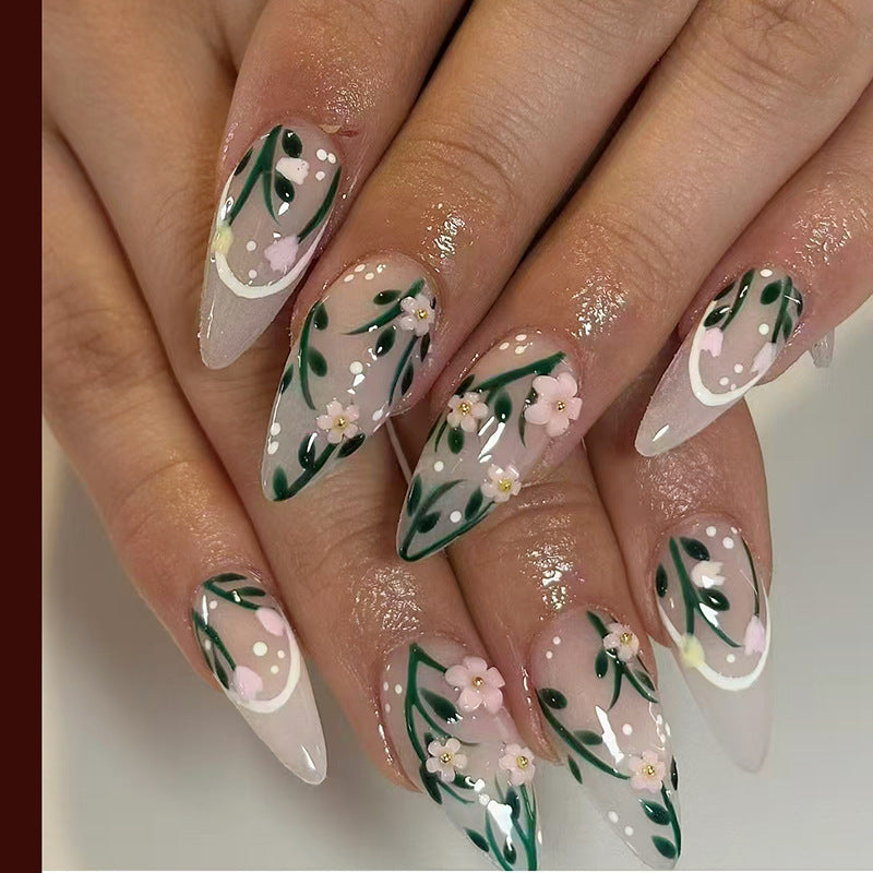 Enchanted Garden Long Stiletto Translucent with Floral Design Press On Nail Set