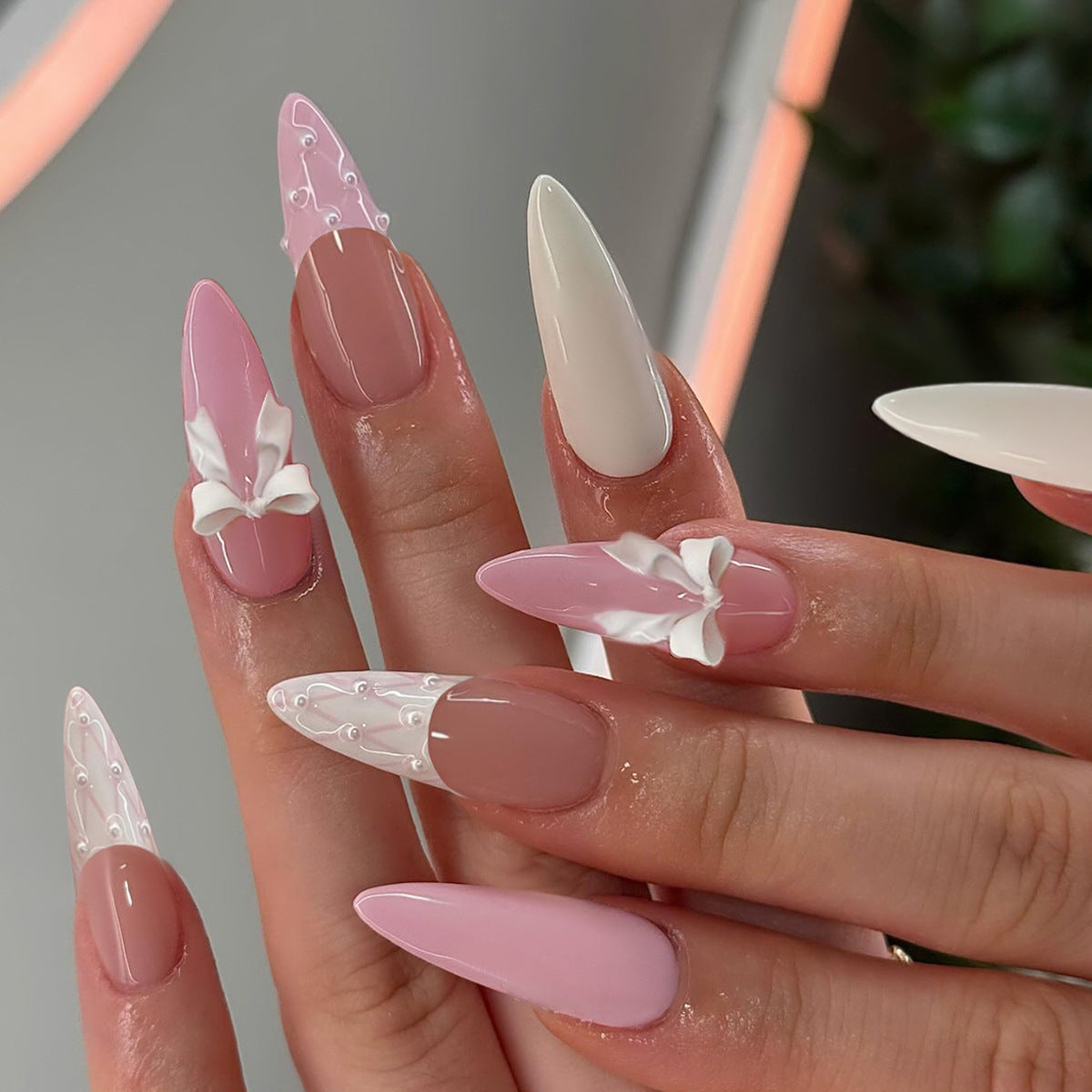 Whimsical Blossom Long Stiletto Pink and White Press On Nail Set with Charming Bow Accents