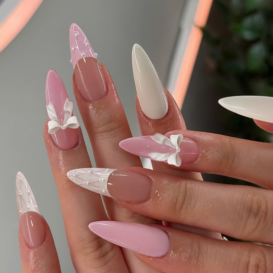 Whimsical Blossom Long Stiletto Pink and White Press On Nail Set with Charming Bow Accents