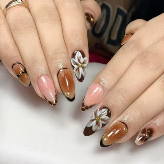 Bohemian Elegance Long Almond Brown and Pink Gradient with Floral Design Press On Nail Set