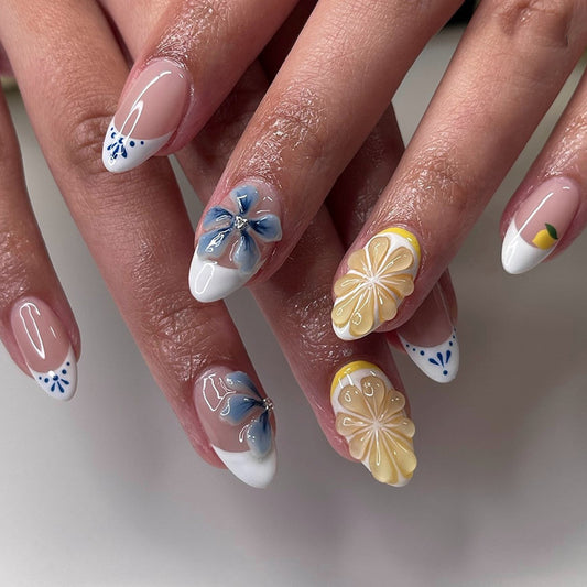Tropical Blossom Elegant Medium Almond Press On Nail Set Featuring Vibrant Floral Art and Chic French Tips