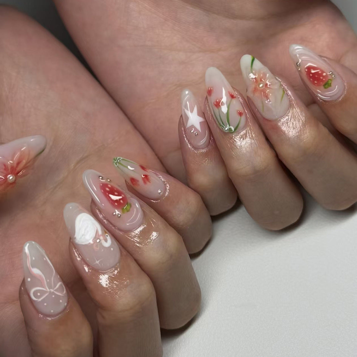 Floral Fantasy Long Almond Shaped Clear Pink with Charming Hand-Painted Fruit Design Press On Nail Set