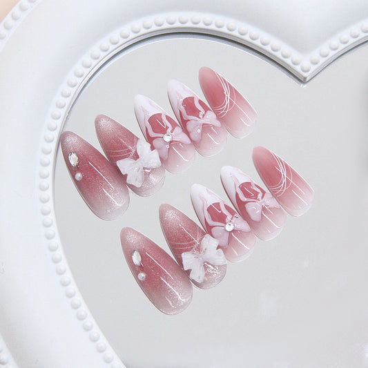Romantic Elegance Long Almond Ombre Pink with Delicate Bow Accents Press On Nail Set