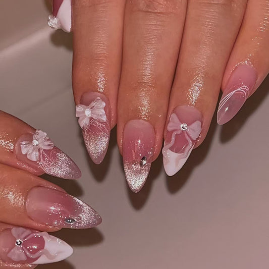 Enchanting Floral Fantasy Elegant Long Almond Pink Ombre Press On Nail Set with Sparkling Accents